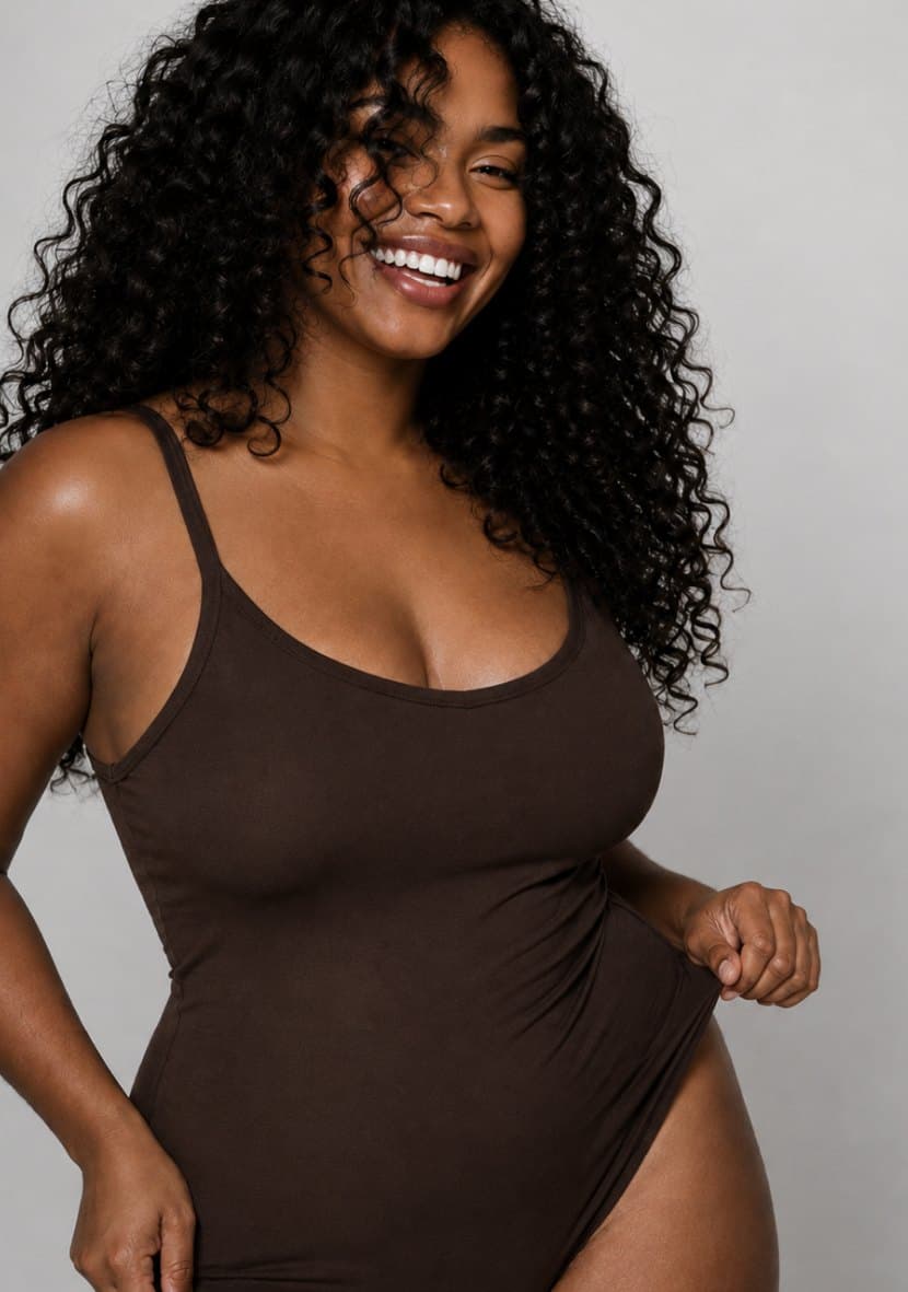 A woman with curly hair in a brown bodysuit, smiling