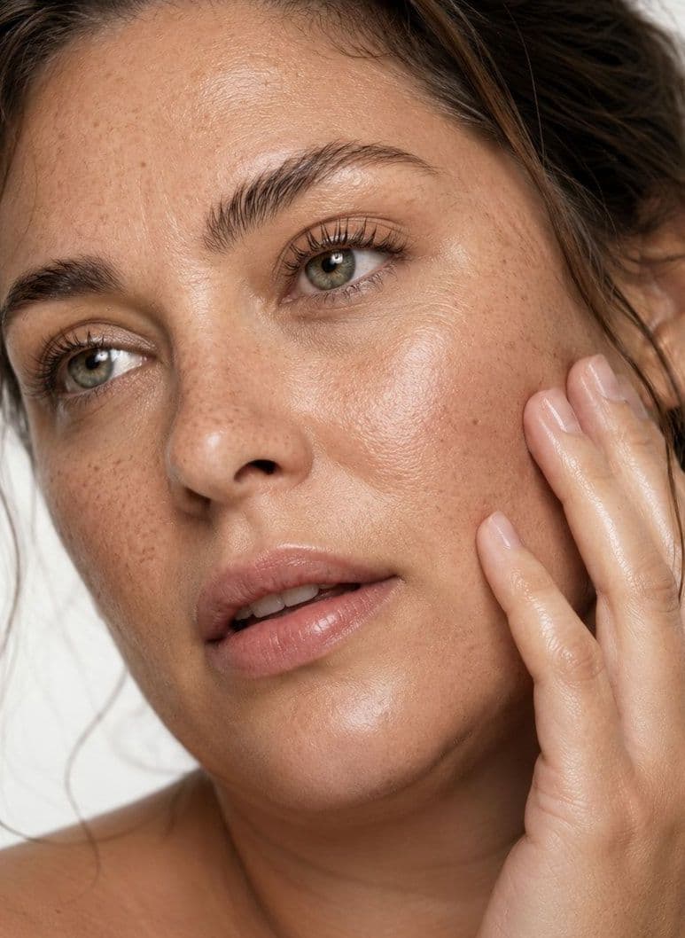 A woman with freckles resting a hand against her cheek