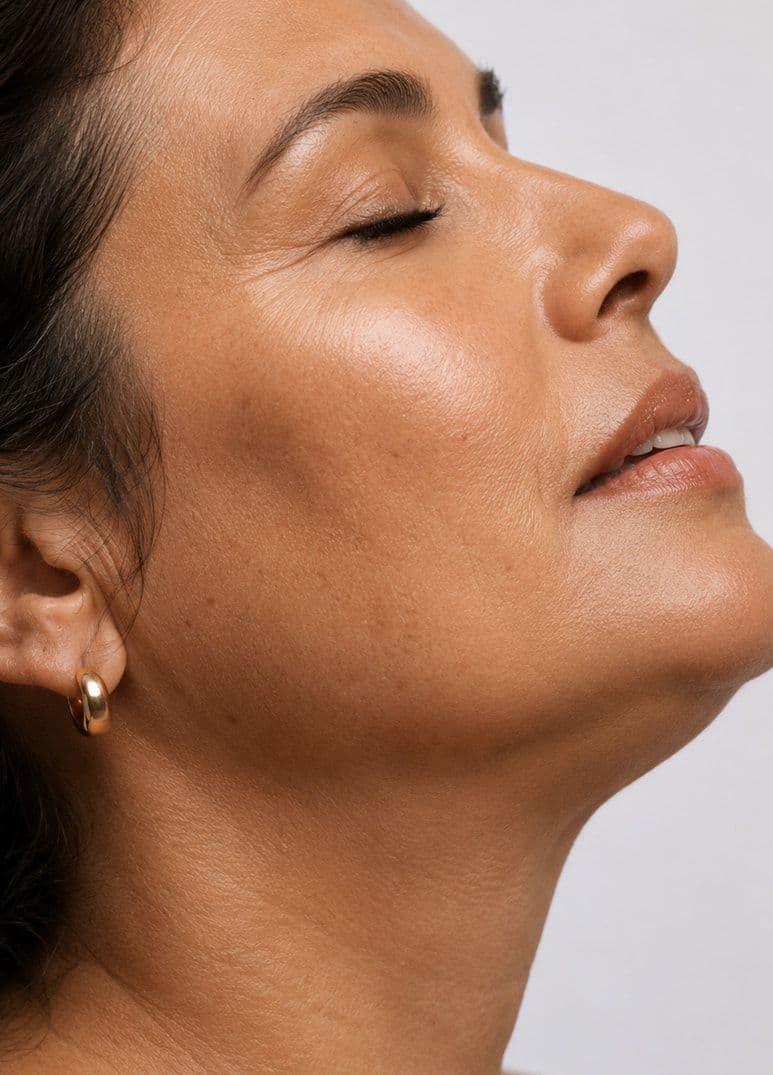 A woman with her eyes closed and her chin raised