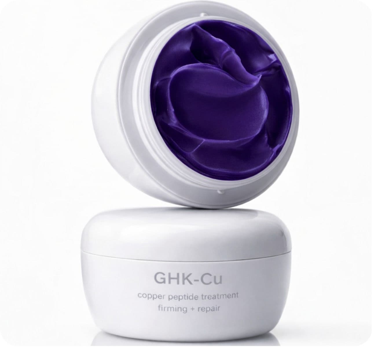 An open Elara GHK-Cu copper peptide jar above its closed base