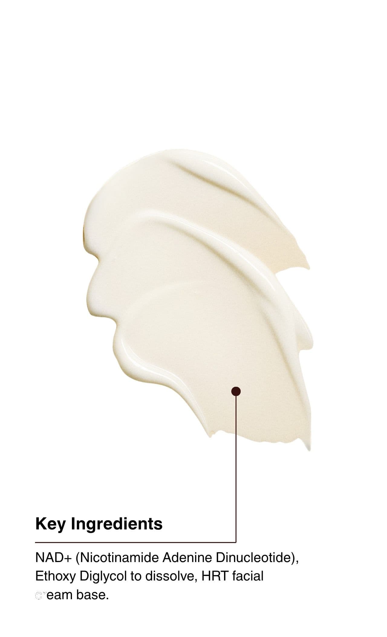 Key Ingredients. NAD+ (Nicotinamide Adenine Dinucleotide), Ethoxy Diglycol to dissolve, HRT facial cream base.