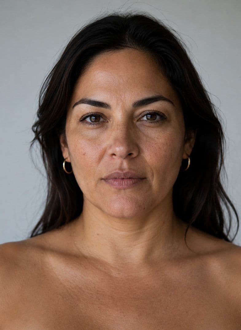 A woman with dark hair and gold hoop earrings