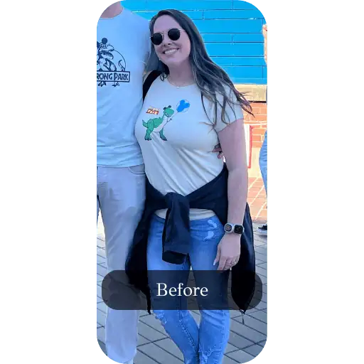 Woman in casual clothing labeled "Before," illustrating a weight loss journey.