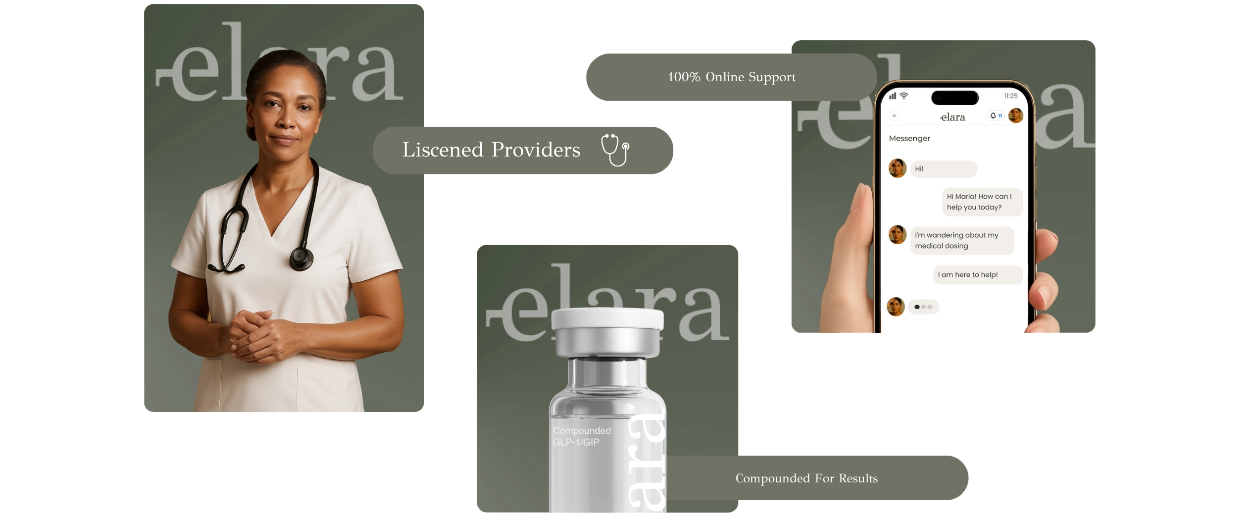 Doctor with stethoscope, compounded medication vial, and online chat support for Elara