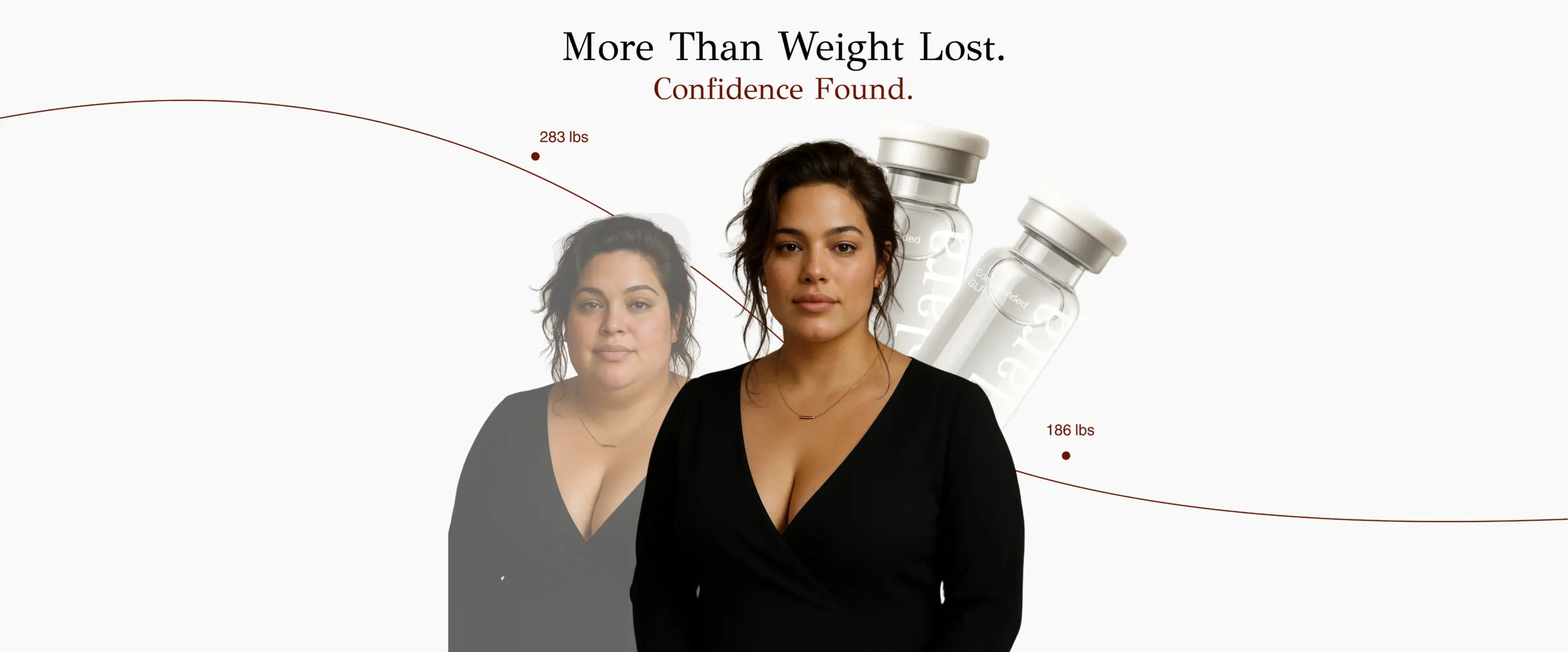 Woman in a black dress with a before-and-after transformation