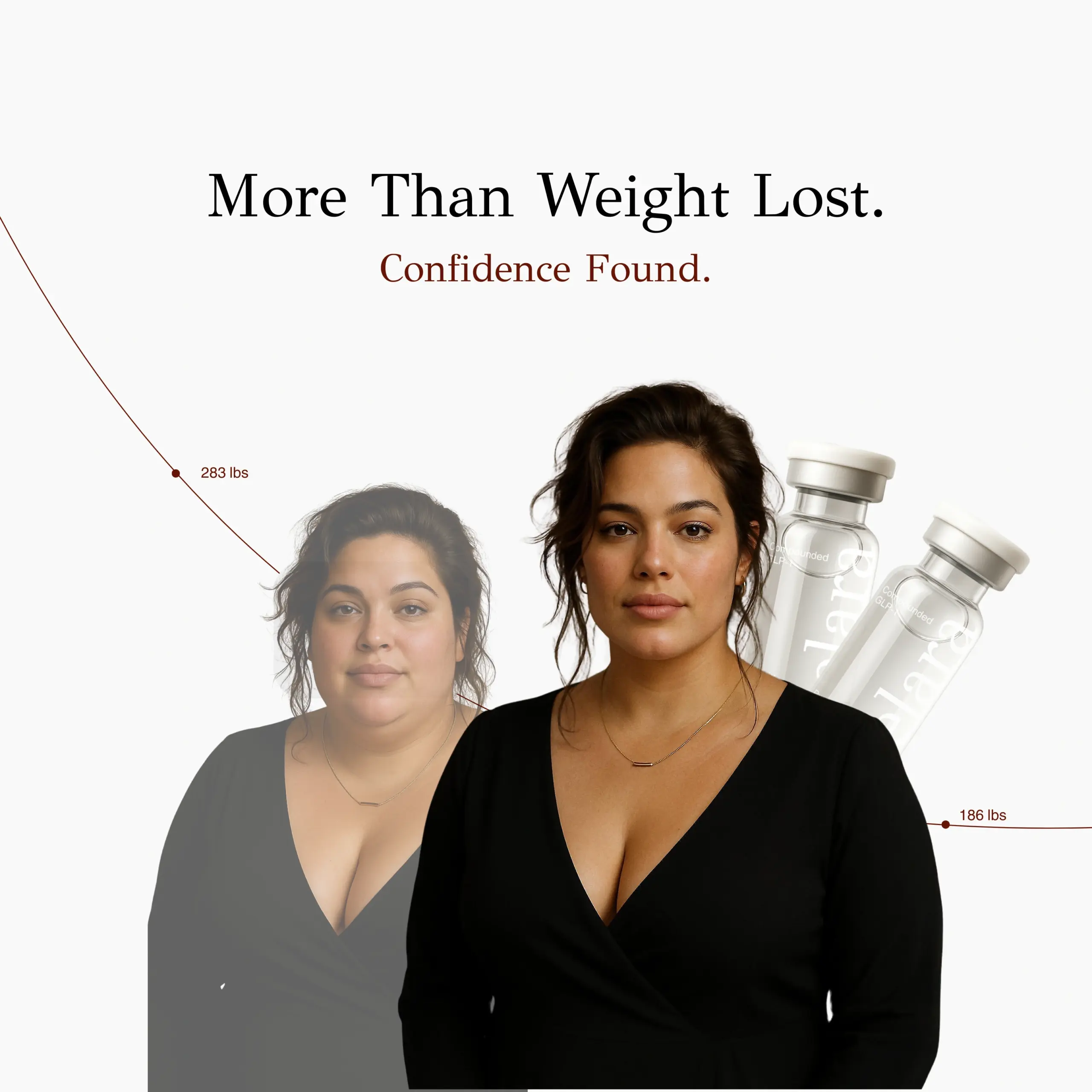Woman in a black dress with a before-and-after transformation, weight markers, and Elara vials in the background,