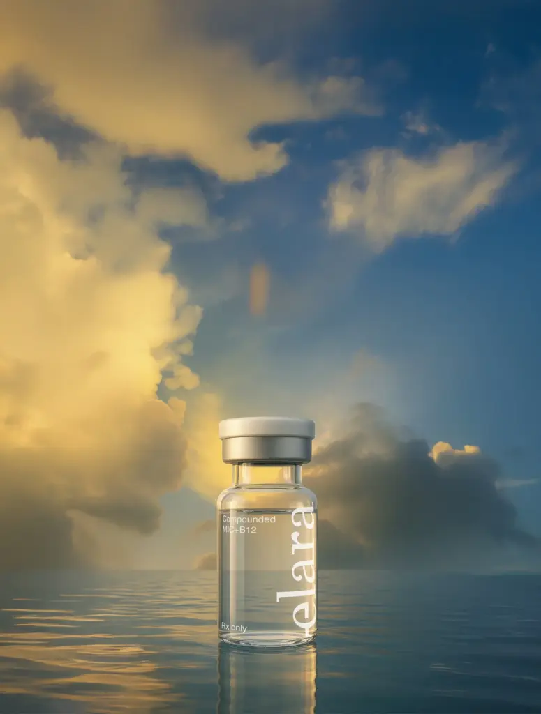 Elara Lipo-B12 compounded injectable vial placed on a reflective water surface