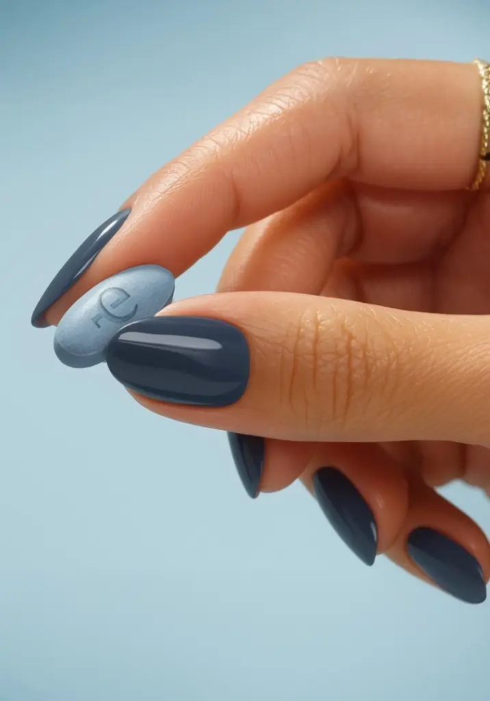 A woman's hand with glossy blue nails holds a round blue pill against a light blue background.
