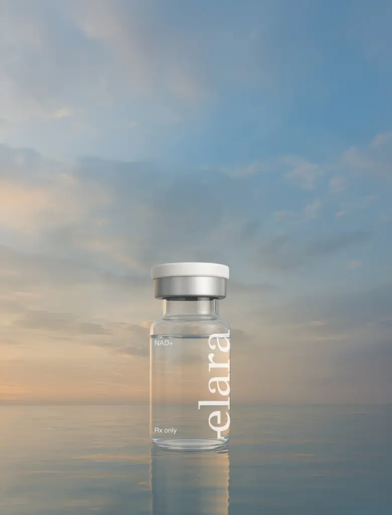 Elara Sermorelin Rx vial with water droplets on the cap, artfully arranged on a cluster of fresh blackberries against a neutral background.