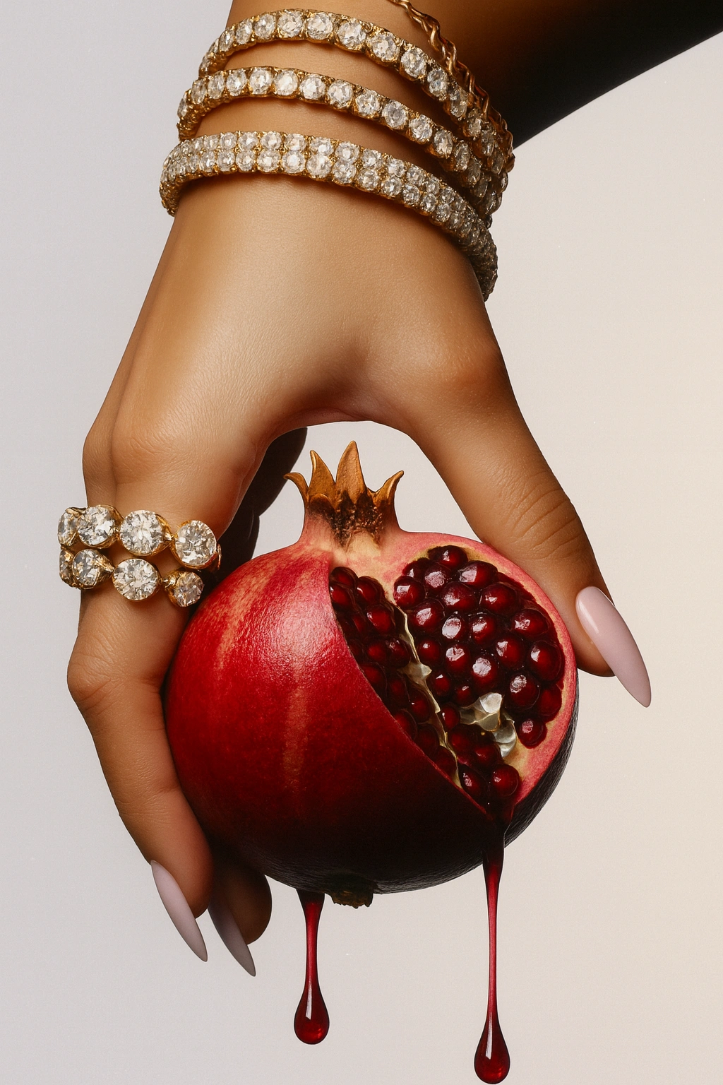 Woman’s hand with diamond bracelets and rings holding a dripping pomegranate with pale pink nails.