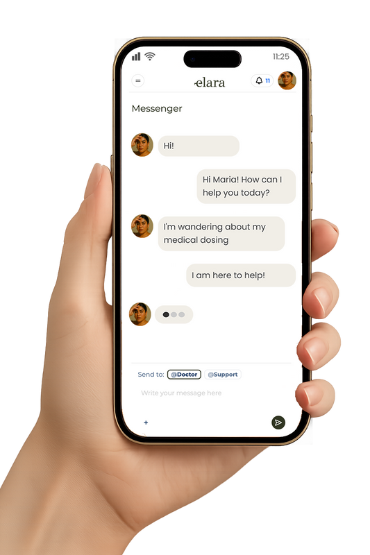 Hand holding a smartphone displaying an Elara Messenger chat for online medical support