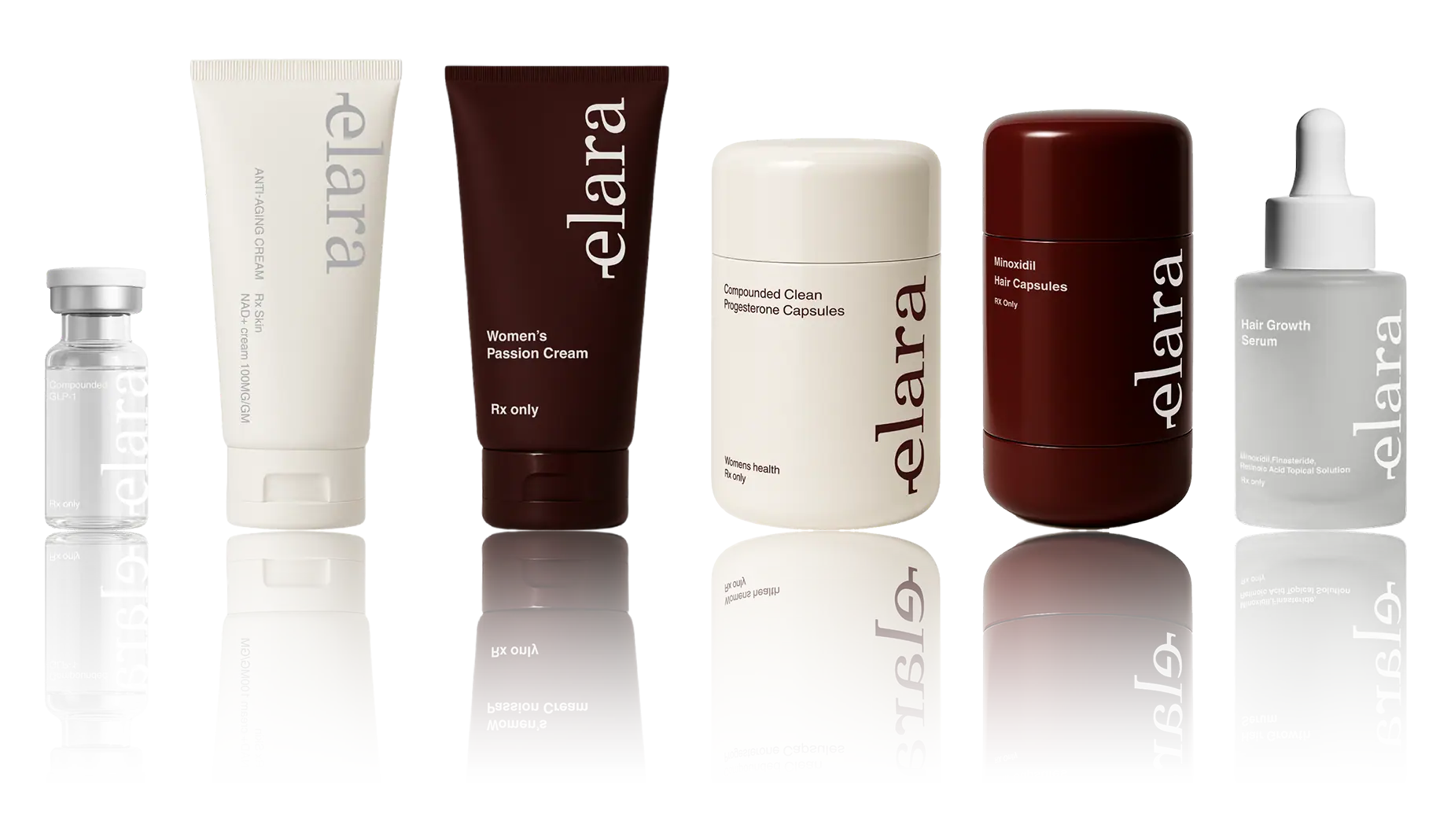 Elara Rx product line featuring anti-aging cream, passion cream, capsules, hair capsules, and growth serum