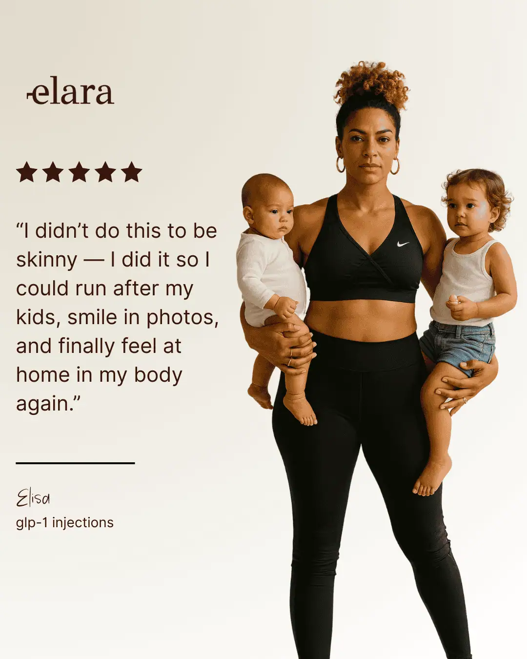 Athletic woman in black activewear holding two young children, standing on a white background with an inspirational testimonial about body confidence.