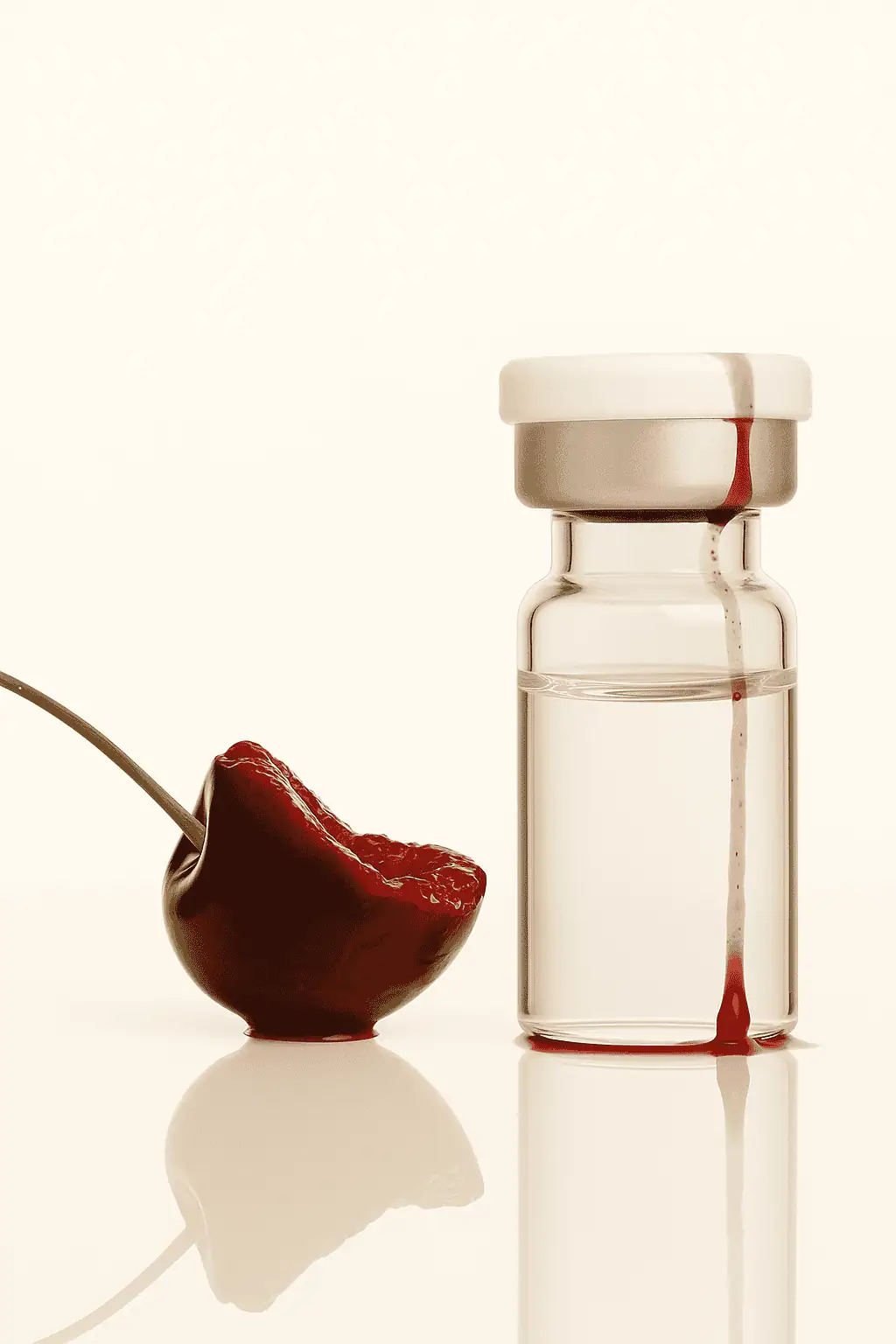 A clear medication vial stands beside a ripe cherry on a light background, with a cherry-red liquid accent.