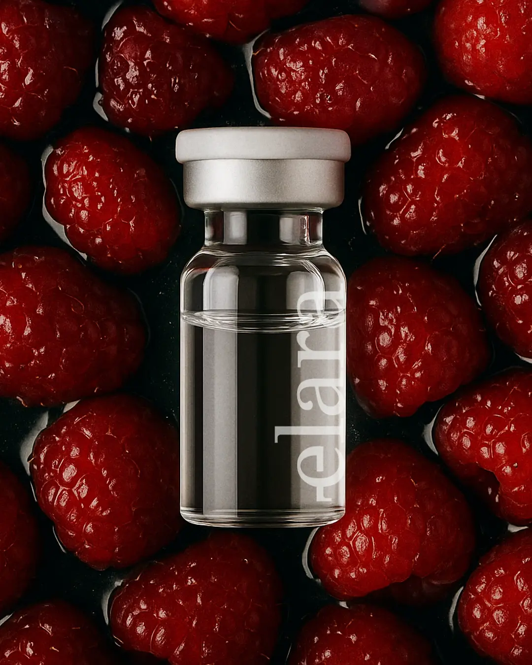 Elara vial placed on fresh raspberries for wellness branding